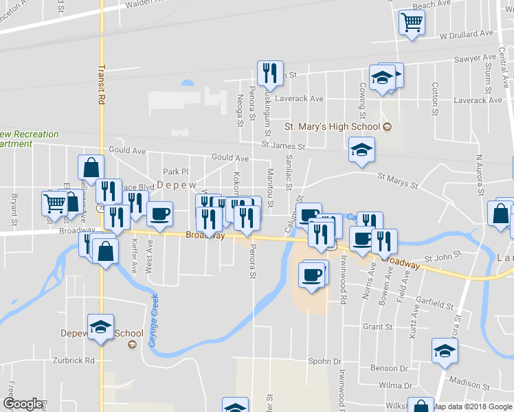 map of restaurants, bars, coffee shops, grocery stores, and more near 375 Penora Street in Depew