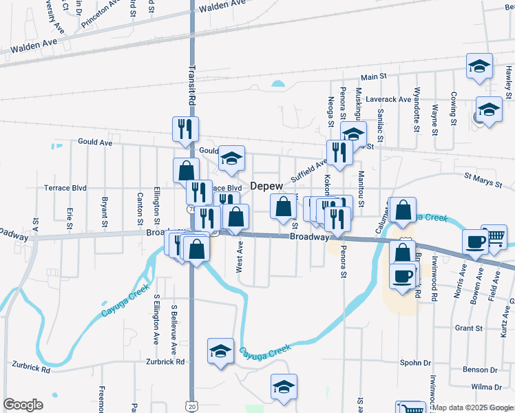 map of restaurants, bars, coffee shops, grocery stores, and more near 45 Meridian St in Depew
