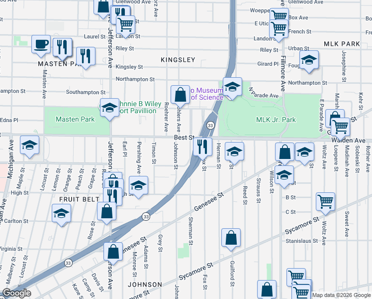 map of restaurants, bars, coffee shops, grocery stores, and more near 712 Sherman St in Buffalo