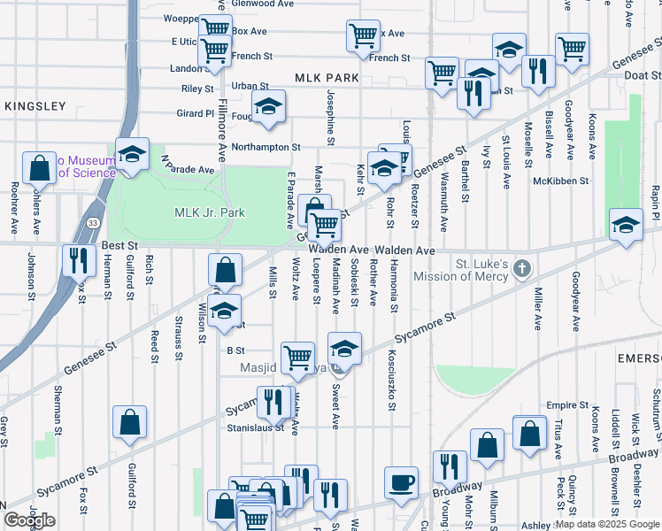 map of restaurants, bars, coffee shops, grocery stores, and more near 484 Sweet Avenue in Buffalo