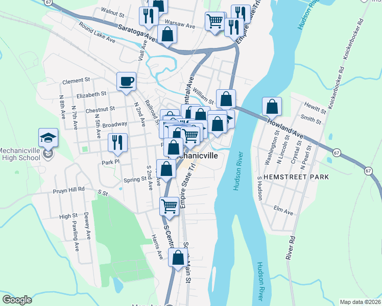 map of restaurants, bars, coffee shops, grocery stores, and more near in Mechanicville