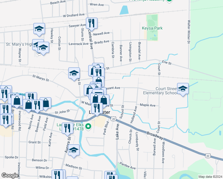 map of restaurants, bars, coffee shops, grocery stores, and more near 23 Pleasant Avenue in Lancaster