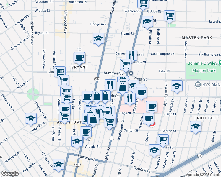 map of restaurants, bars, coffee shops, grocery stores, and more near 25 Linwood Avenue in Buffalo