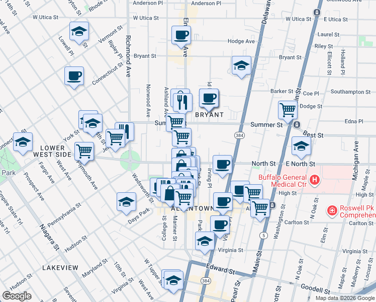 map of restaurants, bars, coffee shops, grocery stores, and more near 220 Elmwood Avenue in Buffalo