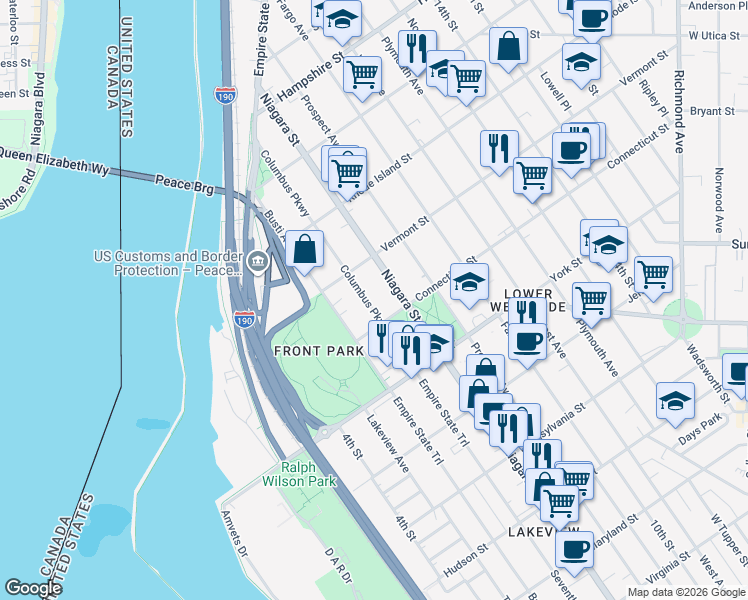 map of restaurants, bars, coffee shops, grocery stores, and more near 702 Columbus Parkway in Buffalo