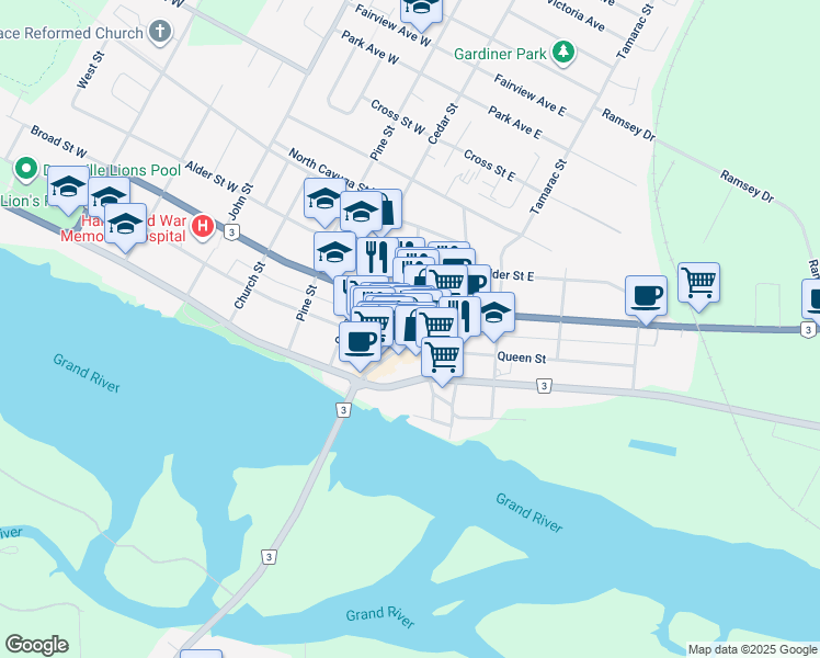 map of restaurants, bars, coffee shops, grocery stores, and more near 221 Chestnut Street in Haldimand County