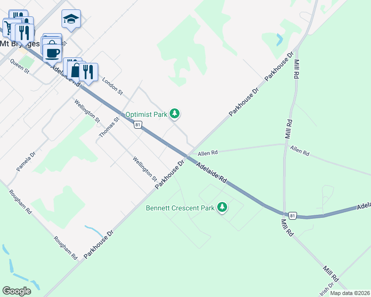 map of restaurants, bars, coffee shops, grocery stores, and more near 22252 Adelaide Road in Mount Brydges