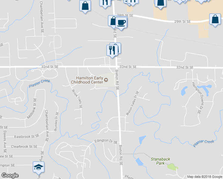 map of restaurants, bars, coffee shops, grocery stores, and more near 3160 Breton Road Southeast in Grand Rapids