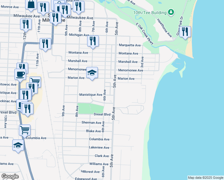 map of restaurants, bars, coffee shops, grocery stores, and more near 2810 5th Avenue in South Milwaukee