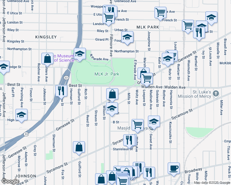 map of restaurants, bars, coffee shops, grocery stores, and more near 1076 Genesee Street in Buffalo