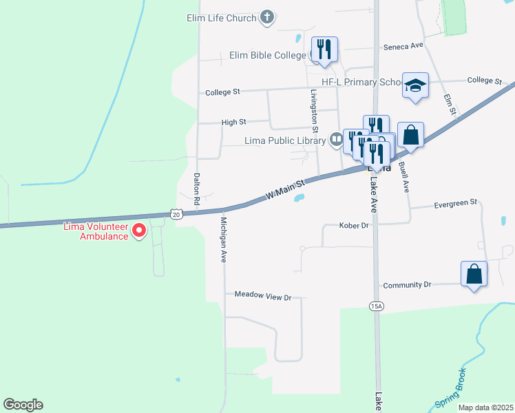 map of restaurants, bars, coffee shops, grocery stores, and more near 7162 West Main Street in Lima