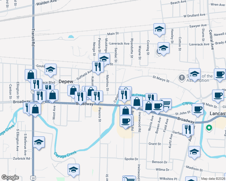map of restaurants, bars, coffee shops, grocery stores, and more near 16 Sanilac Street in Depew