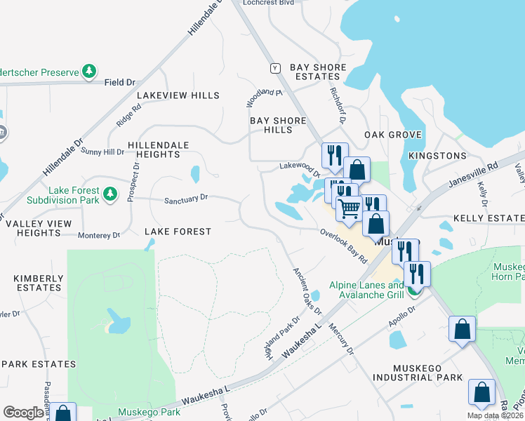 map of restaurants, bars, coffee shops, grocery stores, and more near W194S7823 Overlook Bay Road in Muskego