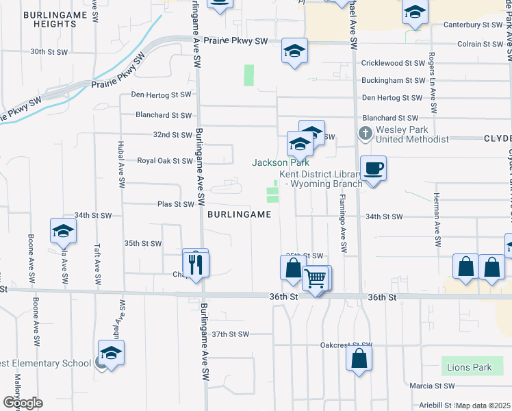 map of restaurants, bars, coffee shops, grocery stores, and more near 3354 Parkland Avenue Southwest in Wyoming