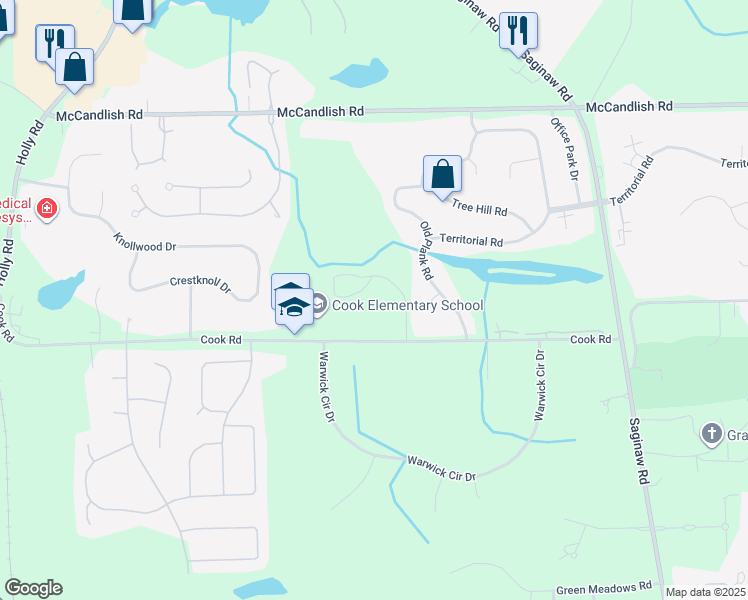 map of restaurants, bars, coffee shops, grocery stores, and more near 4455 East Cook Road in Grand Blanc