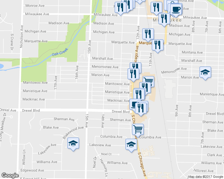 map of restaurants, bars, coffee shops, grocery stores, and more near 1316 Manistique Avenue in South Milwaukee