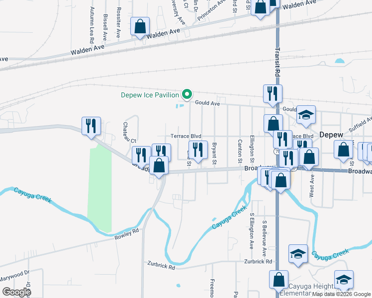 map of restaurants, bars, coffee shops, grocery stores, and more near 46 Erie Street in Depew