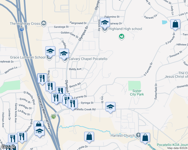 map of restaurants, bars, coffee shops, grocery stores, and more near 1560 Bench Road in Pocatello