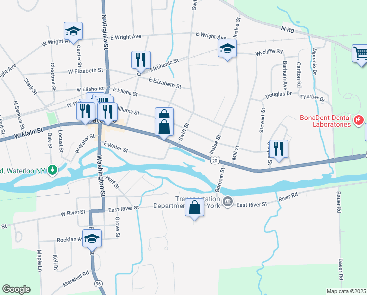 map of restaurants, bars, coffee shops, grocery stores, and more near 206 East Main Street in Waterloo