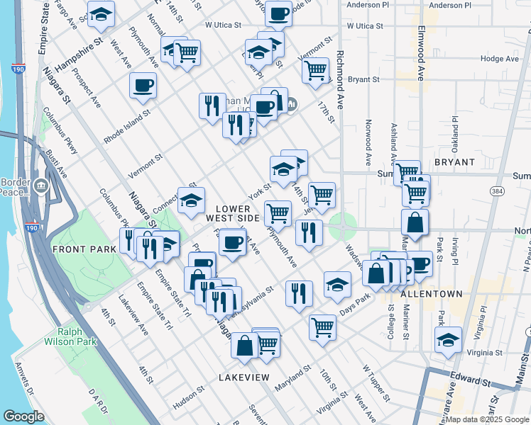 map of restaurants, bars, coffee shops, grocery stores, and more near 432 Porter Avenue in Buffalo