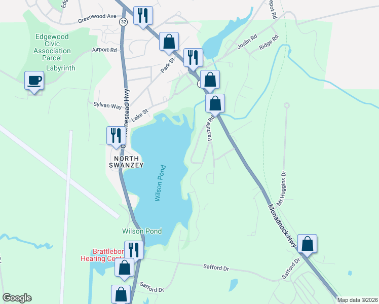 map of restaurants, bars, coffee shops, grocery stores, and more near 27 Waters Edge Road in Keene