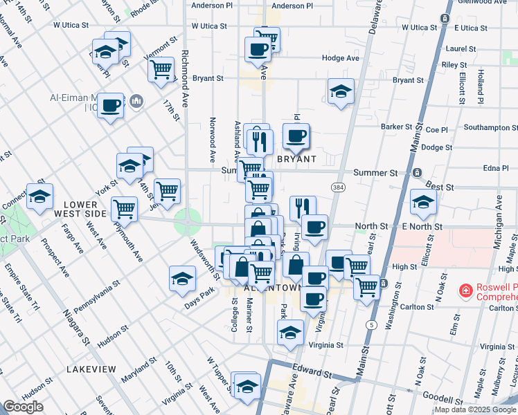 map of restaurants, bars, coffee shops, grocery stores, and more near 220 Elmwood Avenue in Buffalo