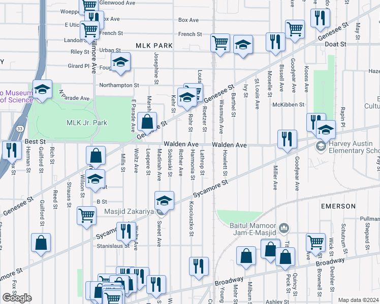 map of restaurants, bars, coffee shops, grocery stores, and more near 98 Harmonia Street in Buffalo