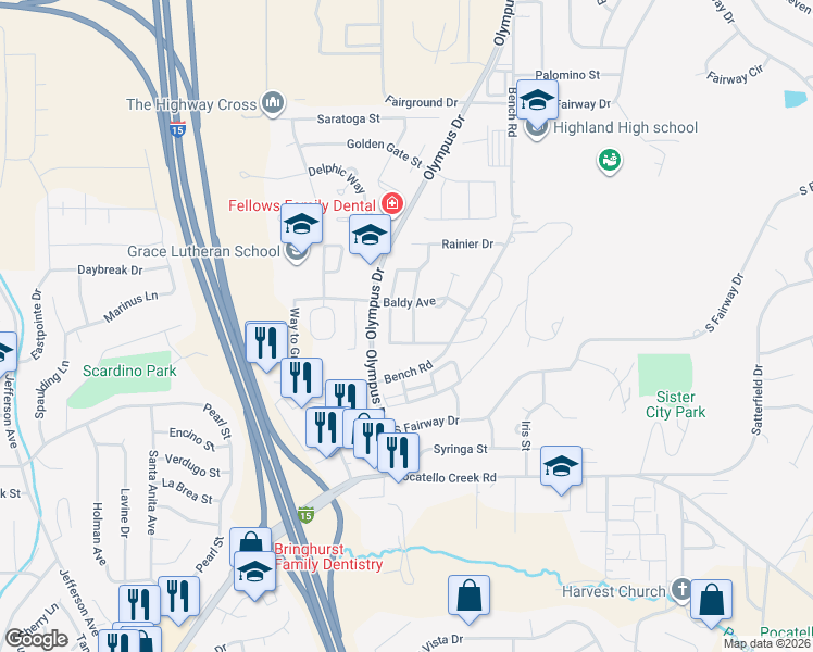 map of restaurants, bars, coffee shops, grocery stores, and more near 1543 Shasta Street in Pocatello