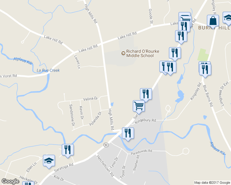 map of restaurants, bars, coffee shops, grocery stores, and more near 34 High Mills Scotch Bush Road in Schenectady County
