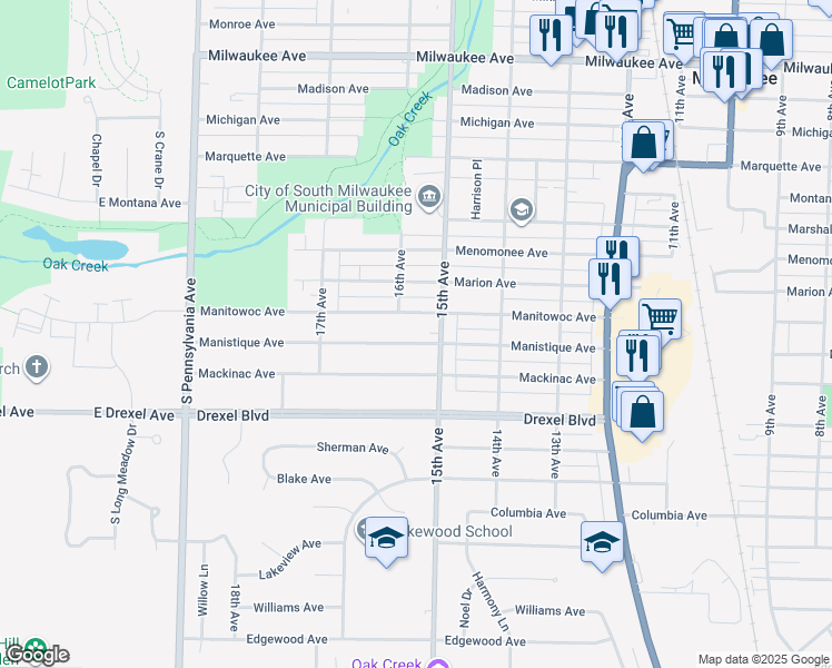 map of restaurants, bars, coffee shops, grocery stores, and more near 1508 Manistique Avenue in South Milwaukee