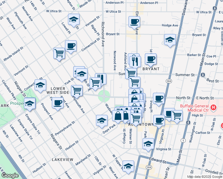 map of restaurants, bars, coffee shops, grocery stores, and more near 303 North Street in Buffalo