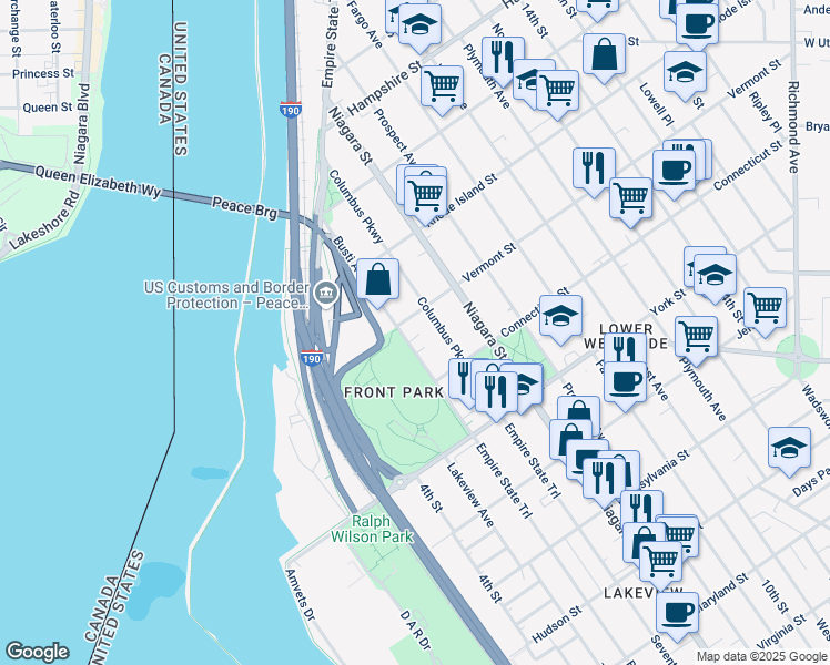 map of restaurants, bars, coffee shops, grocery stores, and more near 713 Busti Avenue in Buffalo