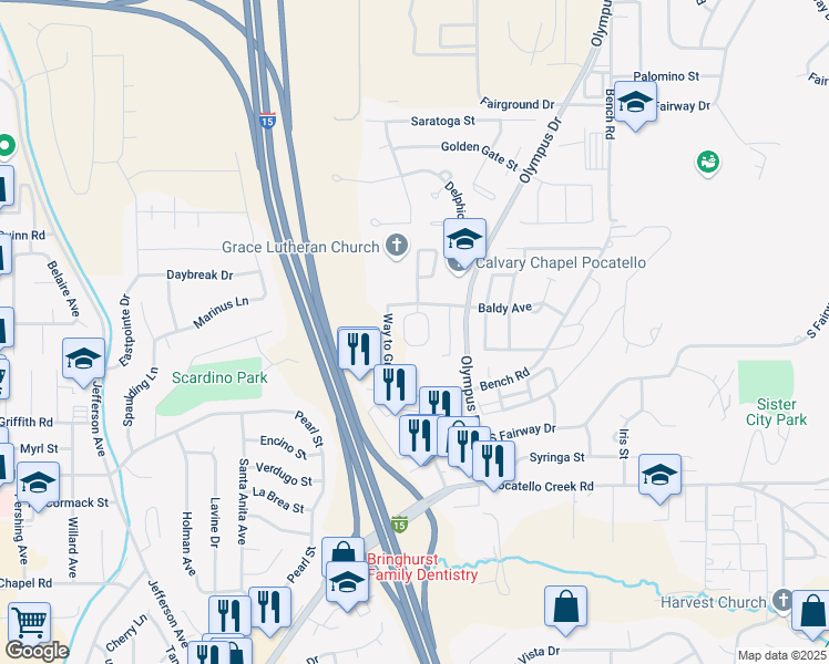 map of restaurants, bars, coffee shops, grocery stores, and more near 1501 Baldy Avenue in Pocatello