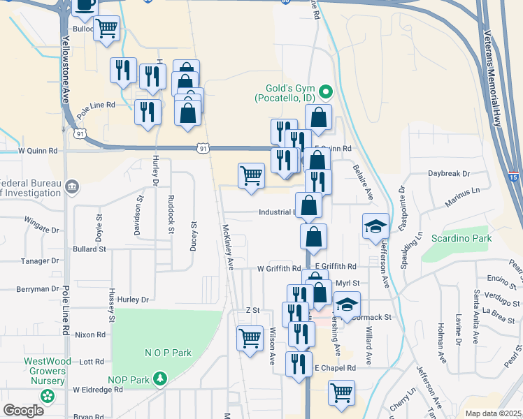 map of restaurants, bars, coffee shops, grocery stores, and more near 181-303 Industrial Lane in Pocatello
