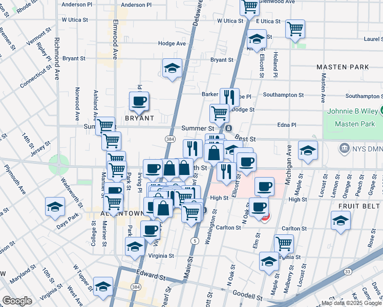 map of restaurants, bars, coffee shops, grocery stores, and more near 25 Linwood Avenue in Buffalo