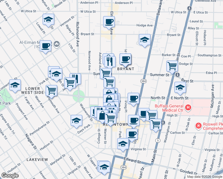 map of restaurants, bars, coffee shops, grocery stores, and more near 220 Elmwood Avenue in Buffalo