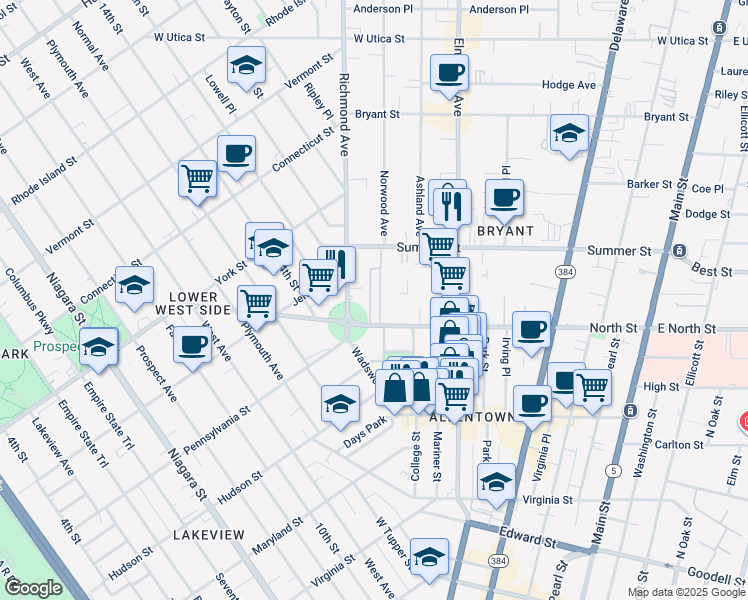 map of restaurants, bars, coffee shops, grocery stores, and more near 303 North Street in Buffalo