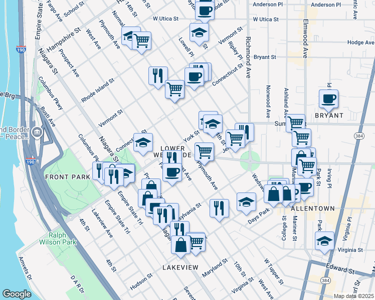 map of restaurants, bars, coffee shops, grocery stores, and more near 432 Porter Avenue in Buffalo