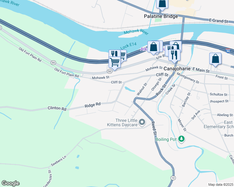 map of restaurants, bars, coffee shops, grocery stores, and more near 10 Shaper Avenue in Canajoharie