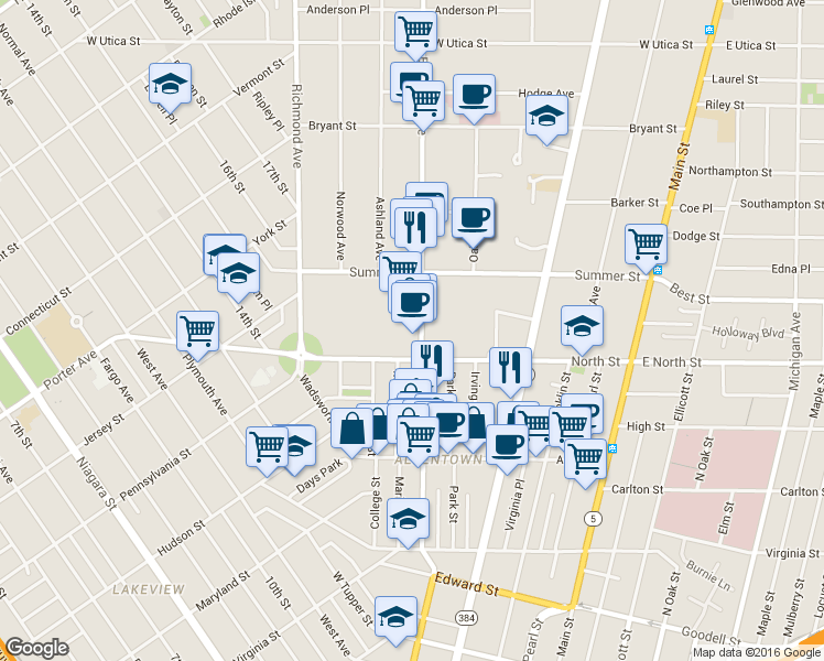 map of restaurants, bars, coffee shops, grocery stores, and more near 224 Elmwood Avenue in Buffalo