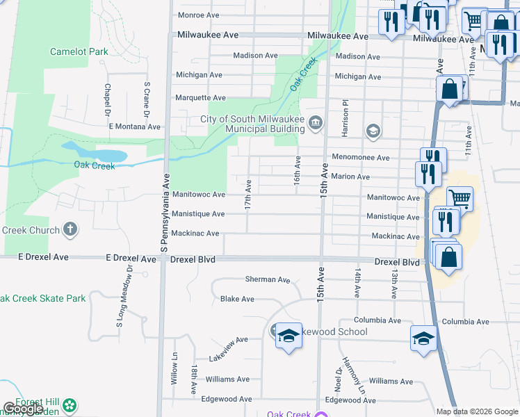 map of restaurants, bars, coffee shops, grocery stores, and more near 1638 Manistique Avenue in South Milwaukee