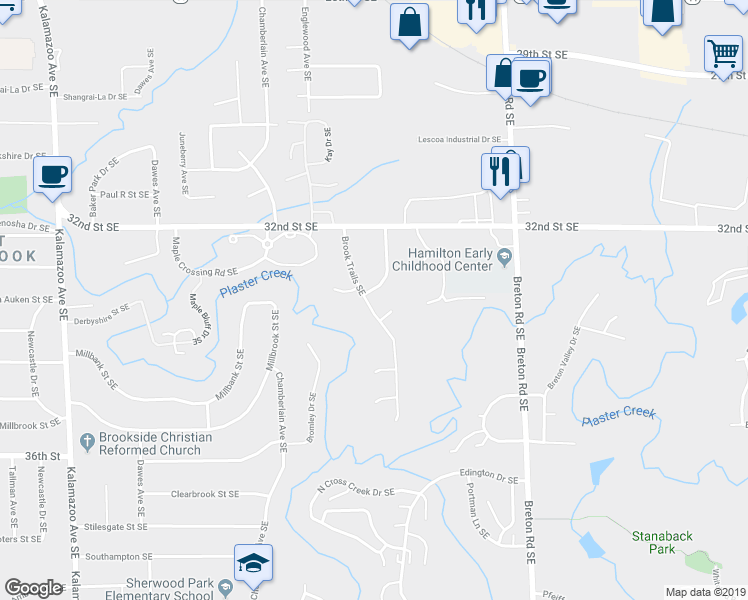 map of restaurants, bars, coffee shops, grocery stores, and more near 3294 Sunrise Street Southeast in Grand Rapids