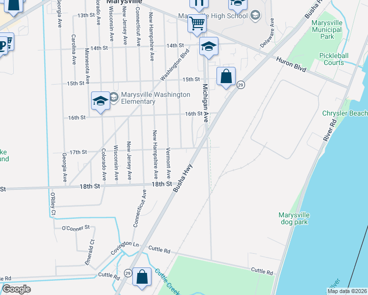 map of restaurants, bars, coffee shops, grocery stores, and more near 277 17th Street in Marysville