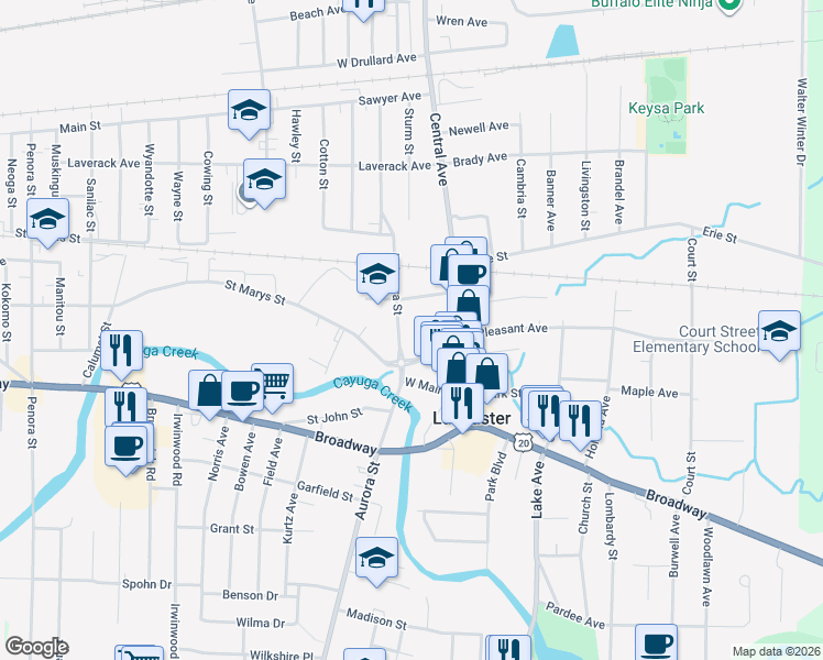 map of restaurants, bars, coffee shops, grocery stores, and more near 27 North Aurora Street in Lancaster