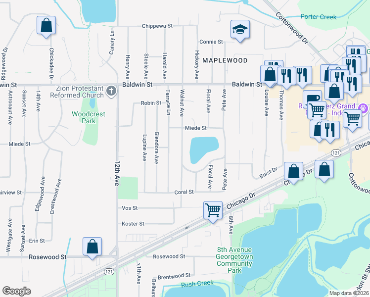 map of restaurants, bars, coffee shops, grocery stores, and more near 7390 Walnut Avenue in Georgetown Township