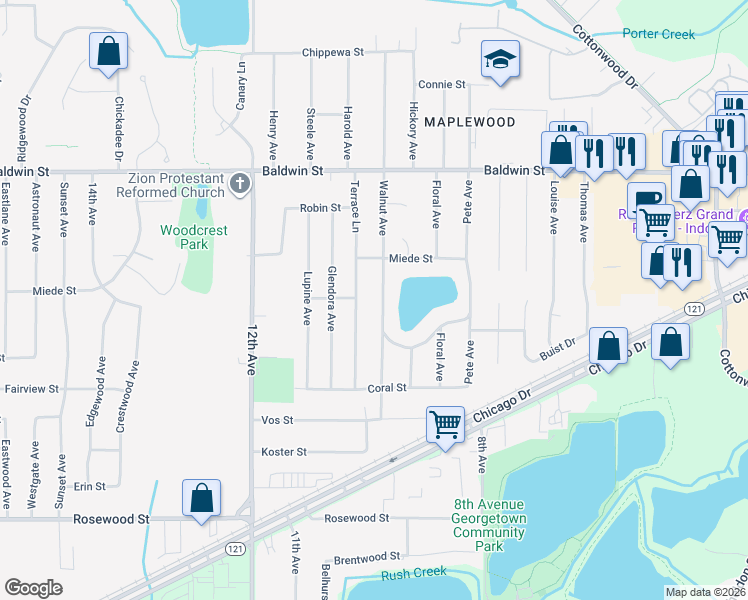 map of restaurants, bars, coffee shops, grocery stores, and more near 7390 Walnut Avenue in Georgetown Township