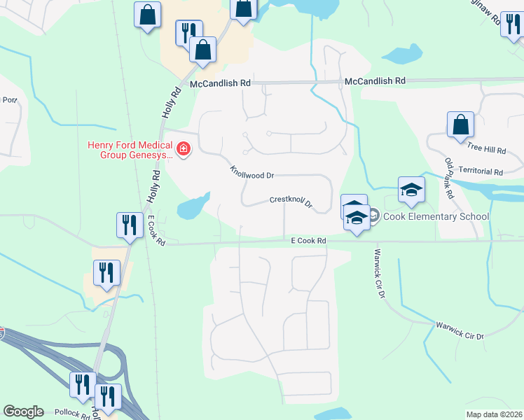map of restaurants, bars, coffee shops, grocery stores, and more near 4250 Crestknoll Drive in Grand Blanc