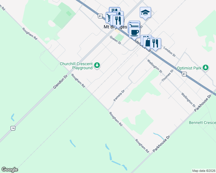 map of restaurants, bars, coffee shops, grocery stores, and more near 536 Juliana Drive in Mount Brydges