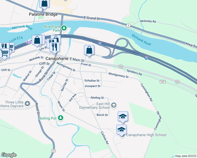 map of restaurants, bars, coffee shops, grocery stores, and more near 51 Schultze Street in Canajoharie