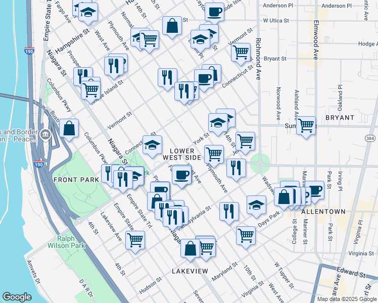 map of restaurants, bars, coffee shops, grocery stores, and more near 396 Porter Avenue in Buffalo